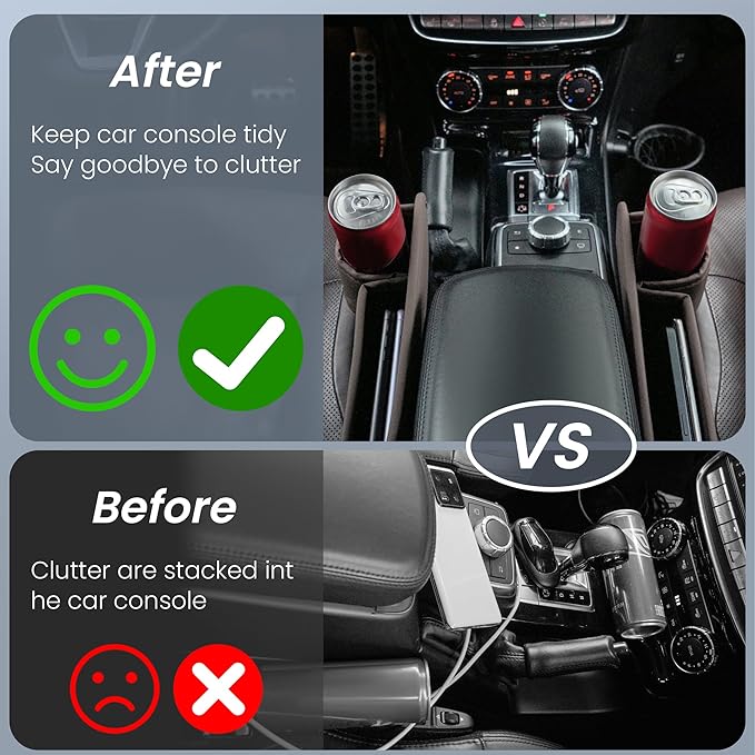 2 Packs Universal Fit Car Seat Gap Filler Organizer, Premium Leather Anti-Drop Car Side Gap Storage with Cup Holder for Phone, Keys, Sunglasses & Drinks (Brown)