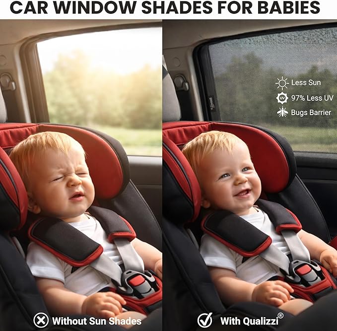 L/Car Window Shades for Baby (2 Pack) for Side Windows, Breathable Full-Coverage Mesh, Privacy, Sun & Heat Protection, Bug Screen, Car Camping, 97% UV Real Protection Tested – Qualizzi®