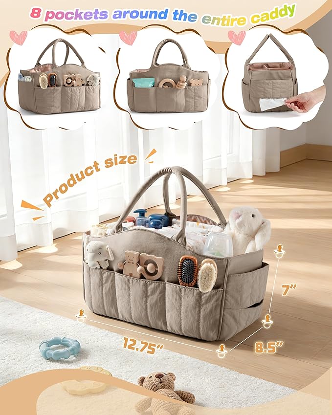 Quilted Baby Diaper Caddy with Detachable Dividers and Wipes Pocket, Lightweight Baby Caddy Organizer with Handles and 8 Pockets for Baby Stuff, Camel