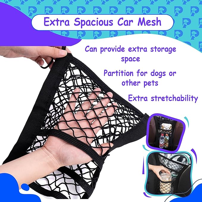 Dog Car Net Barrier Pet Barrier with Auto Safety Mesh Organizer - Stretchable Storage Bag - Universal Fit for Cars and SUVs - Easy Install Car Divider for Safe Driving with Children, Pets