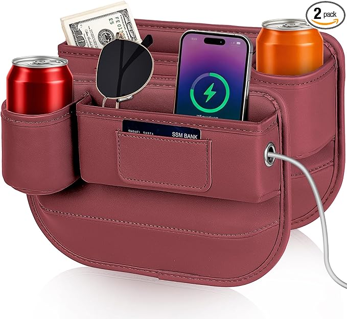 Kwak's Car Seat Gap Filler Organizer (2PC) – Fits 0.2"-1.2" Gap Premium Leather Drop Stop Car Console Organizer for Phone/Keys – Universal Front Seat Organizer for Car SUV Truck (Red)