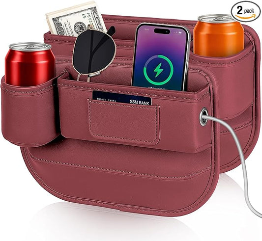 Kwak's Car Seat Gap Filler Organizer (2PC) – Fits 0.2"-1.2" Gap Premium Leather Drop Stop Car Console Organizer for Phone/Keys – Universal Front Seat Organizer for Car SUV Truck (Red)