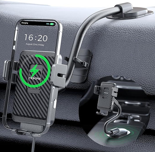 MOKPR Wireless Car Charger, Adjustable Gooseneck Car Mount Auto-Clamping Car Charger, Dashboard [with Anti Shake stabilizer] Phone Holder fit for iPhone 17 16 15 14 13 12, Samsung S24 S23 S22, etc