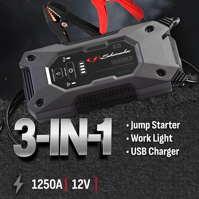 Schumacher Electric 1250A Rugged Lithium Car Battery Jump Starter and Portable Power Pack/Jump Box, 3-in-1 Solution, 2.4A USB Charging, for 12V Power Sport, Automotive, and Marine Batteries, SL1648