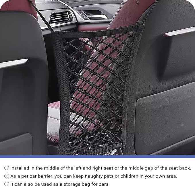 Car Pet Barrier Net, Double-layer Coarse Mesh Partition Between Front Seats, 11.4" x 10.2" Rear Seat Mesh Barrier with Storage, Universal for Most Cars, Trucks, SUVs (Black)