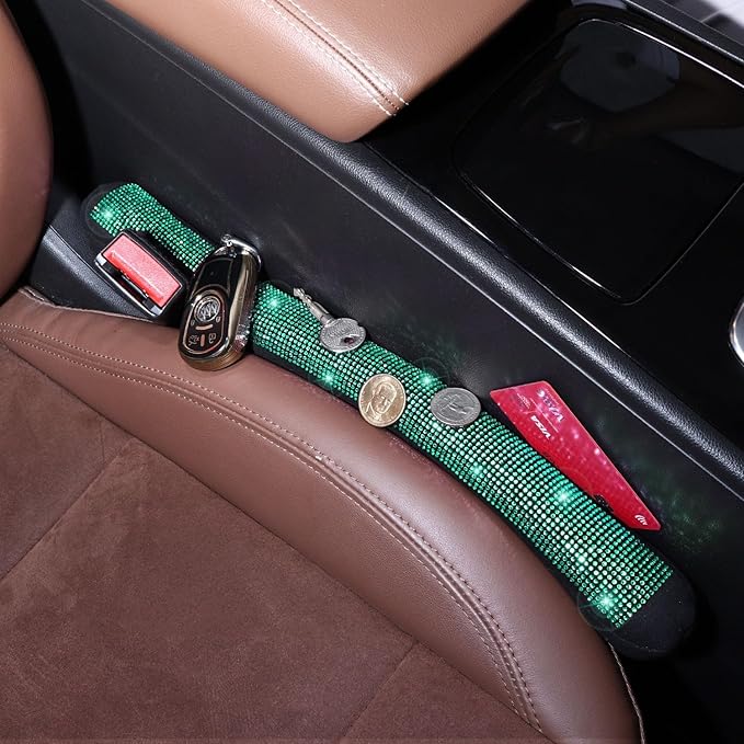 ToBeQueen Green Car Seat Gap Filler, Universal Fit for Car SUV Truck, Handmade Crystal Diamond Rhinestone Green Bling Car Accessories for Women(Green)
