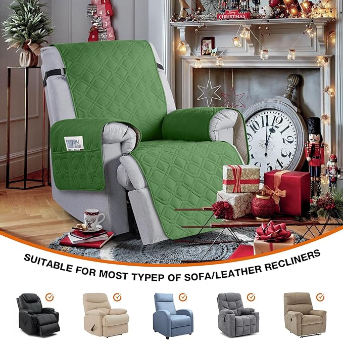 VANSOFY 100% Waterproof Recliner Chair Covers, Recliner Cover Non-Slip Dog Chair Cover Furniture Protector Washable Slipcover with Pocket, Elastic Straps for Pets, Dogs(Vine Green, 30")