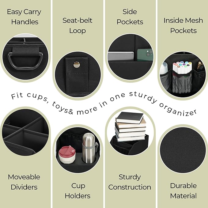Easi Car Seat Organizer Backseat Front Seat Gap Filler with 12 Storage Compartments 2 Metal Cup Holders Kids Snack Travel Passenger Seat Organizer Collapsible Storage Box for SUV Truck Van Car, BK, 2