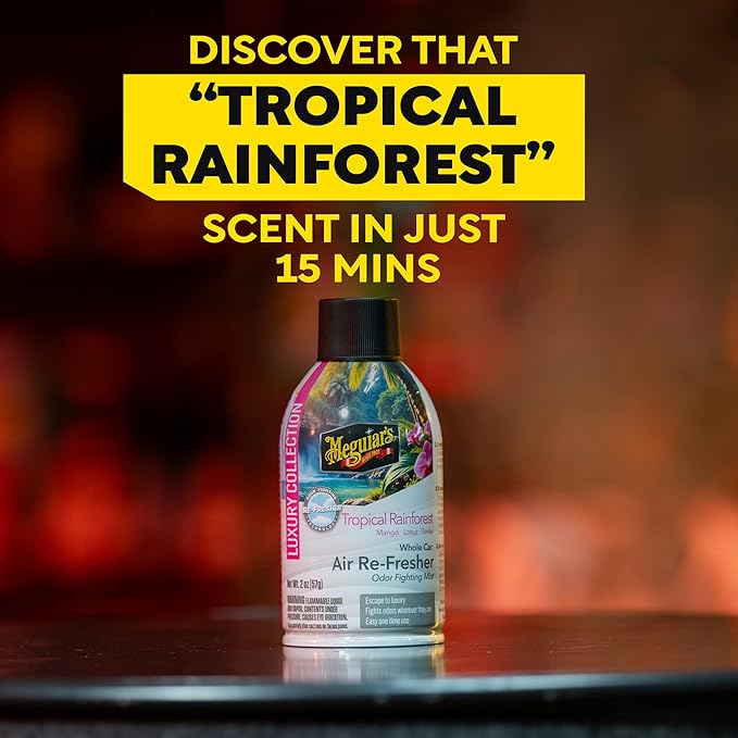 Meguiar's Car Air Refresher Odor Fighting Mist,Tropical Rainforest, Long-Lasting Car Freshener Fights Strong & Unwanted Smells Renewing Interiors with a Luxurious & Refreshing Scent, 2 oz Aerosol
