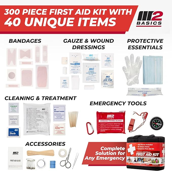 M2 BASICS Premium 300 Piece Professional First Aid Kit, 40 Unique Items, Durable Carry Bag for Home, Car, Business, Travel & Vehicle