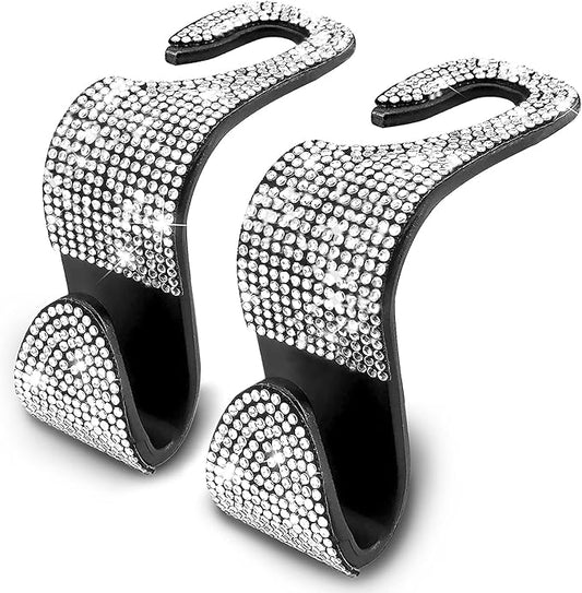 OSIFIT 2PCS Car Seat Hooks, Bling Rhinestone Headrest Hooks, Universal Bling Car Interior Accessories, for Handbag, Clothes, Purse, Water Bottle (White)