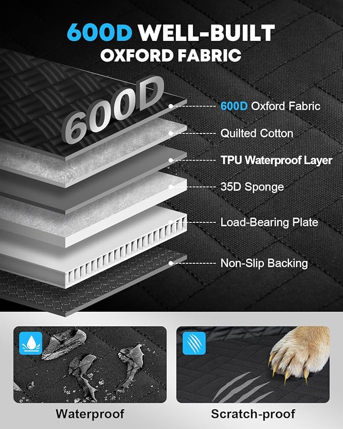 Kohree Dog Car Seat Cover for Medium Large Dogs, Hard Bottom Dog Car Seat Cover for Back Seat Waterproof 600D Car Hammock for Dogs Pet Back Seat Extender for Cars SUV Truck - Upgraded Version