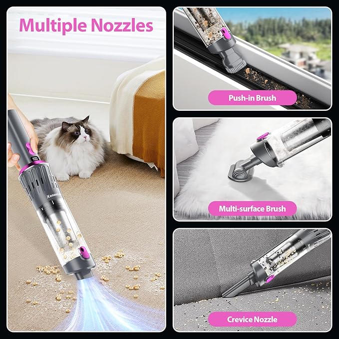 Handheld Vacuum Cordless 25000Pa Car Vacuum 3-in-1 Handheld Vacuum, Includes Smart Display and Charging Base Hand Vac Cordless Rechargeable One-Touch Empty for Home/Pet/Car (Purple)