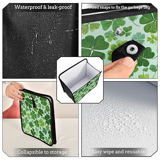 Car Trash Can Organizer Bin with Adjustable Strap for Back Front Seat Console Waterproof Leakproof Collapsible Portable 8.66 Inch Green Nature St Patrick Clovers