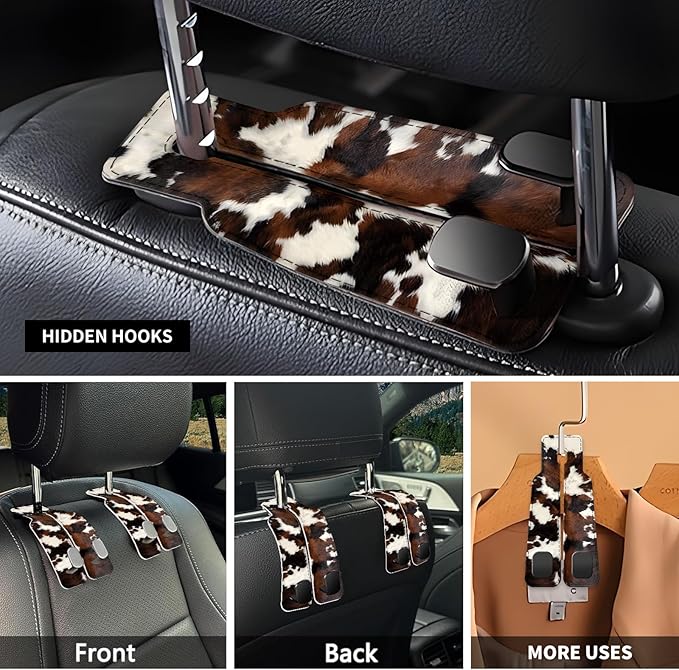 Car Seat Headrest Hook, Universal Leather Cute Hanger Holder Hook, Storage Organizer Interior Accessories for Purse Bags Handbag Luxury Brown Cowhide