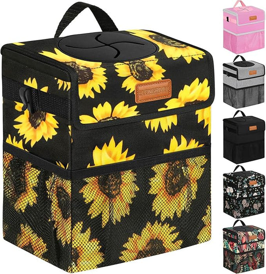 ELONGRIVER Car Trash Can Bin for Back Seat Leak Proof, Cute Car Trash Bag Hanging, Vehicle Trash Can for SUV Truck Van, Automotive Garbage Cans Front Seat Sunflower Floral