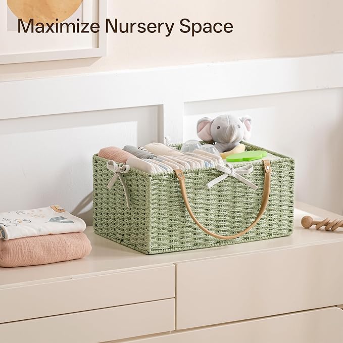 Angelhood Large Paper Rope Diaper Caddy, Baby Essentials Organizer, Portable Baby Shower Baskets Gift Bin, Car Storage Bag for Nursery
