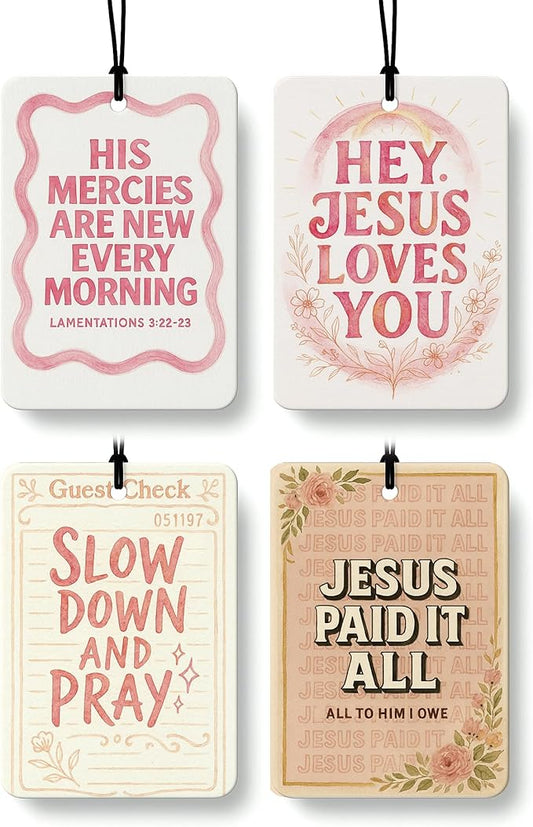 Pink Christian Car Air Freshener 4 Pcs, Inspirational Religious Bible Verse Hanging Air Freshener for Cars Closet Drawer Books, Preppy Christian Car Accessories Mirror Decor for Women