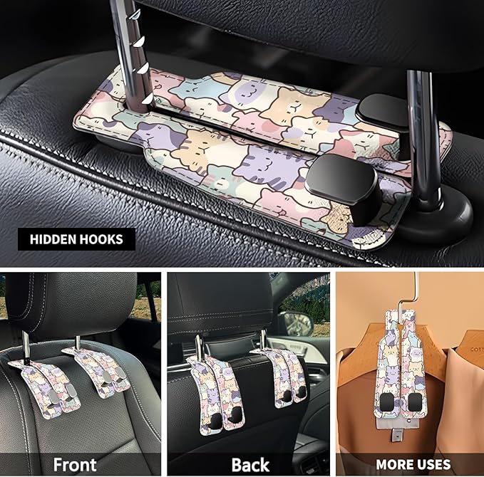 Car Seat Headrest Hook, Universal Leather Cute Hanger Holder Hook, Storage Organizer Interior Accessories for Purse Bags Handbag Colorful Cute Cats