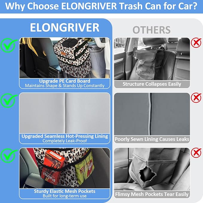 ELONGRIVER Car Trash Can Bin for Back Seat Leak Proof, Cute Car Trash Bag Hanging, Vehicle Trash Can for SUV Truck Van, Automotive Garbage Cans Front Seat Leopard Print, 2 Gallons