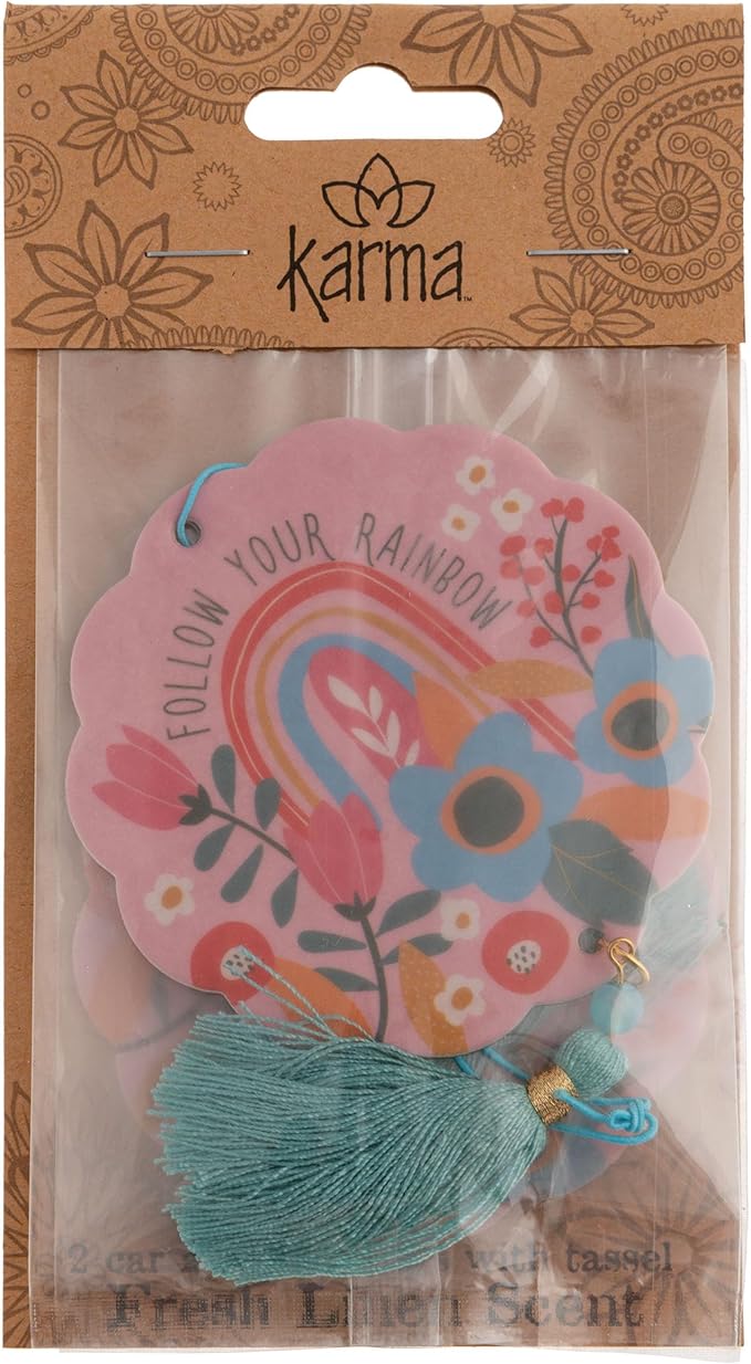 Karma, Essential Oil Air Freshener for Cars Set of 2, Home & Office - Colorful Decorative Hanging Air Freshener with Tassel, Follow Your Rainbow Mango Scented