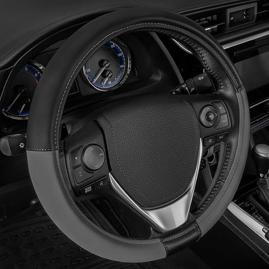 Cat® ErgoDrive Car Steering Wheel Cover with Dark Gray Grip, Black Faux Leather Steering Wheel Cover for Auto Truck Van SUV - Standard 14.5" - 15 Inches
