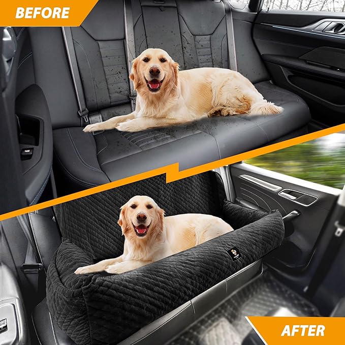 Dog Car Seat for Large Dog Car Bed Under 100LBS, Pet Booster Back Seat Removable Washable with Safety Tethers/Storage Pocket（Black）