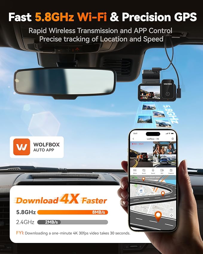 WOLFBOX X5 3 Channel 4K HDR Dash Cam, STARVIS 2 IMX678 8MP Night Vision, 4K+2.5K+1080P Front and Rear Inside Car Camera with 128GB Card and GPS, Support Voice Control, Touch Screen and 5.8GHz WiFi