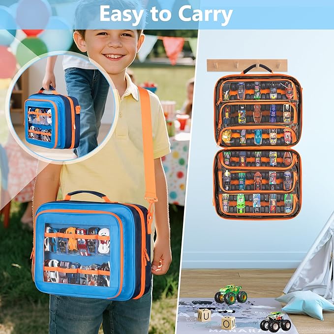Toy Cars Carry Case Compatible with Hot Wheels Monster Trucks, Travel Truck Storage Compatible with Monster Jam Trucks up to 30, with Display Front Pocket for 1:64 Scale Mini Toy Cars, Blue, Bag Only