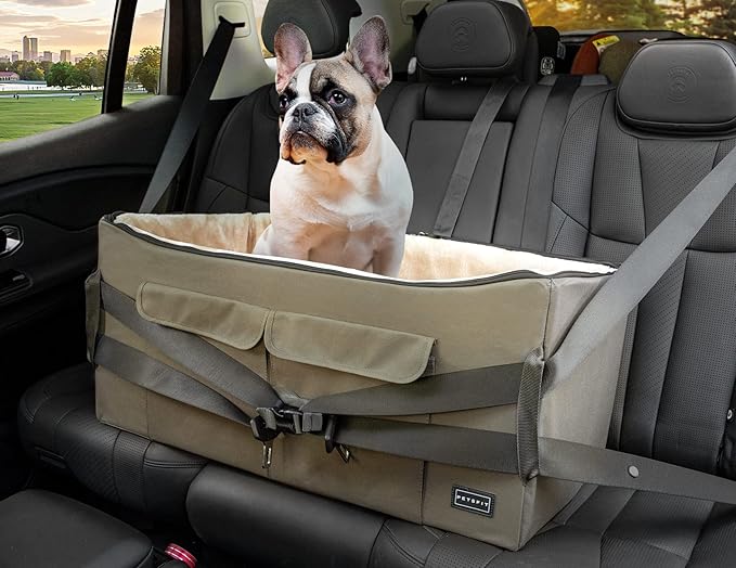 Petsfit Dog Booster Seat for 2 Small Dogs or Medium Dog up to 55 lbs, Large Dog Car Seat with 2 Big Pockets for Cars, Trucks and SUVs (Large, Brown)
