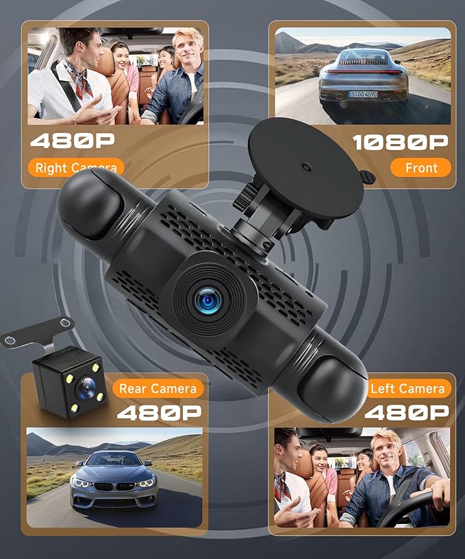 Rimoody 4-Channel 360° Dash Cam, 1080P Full HD Car DVR with Front/Rear/Inside/Side Cameras, WiFi App Control, Night Vision, G-Sensor, Loop Recording, 24H Parking Monitor, 3 Inch Display