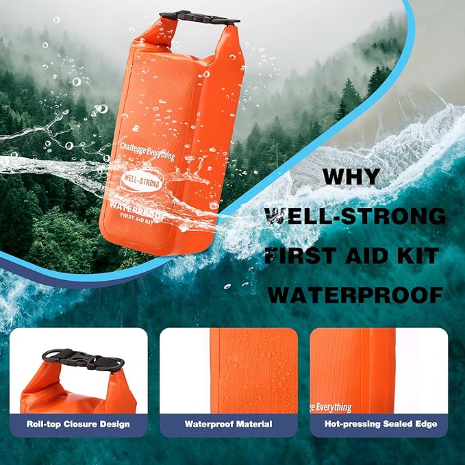 Boat First Aid Kit Waterproof, WELL-STRONG Marine Emergency Kit with Roll Top Dry Bag for Boating Fishing Kayaking – Water-Resistant Contents for Camping & Beach（Orange）