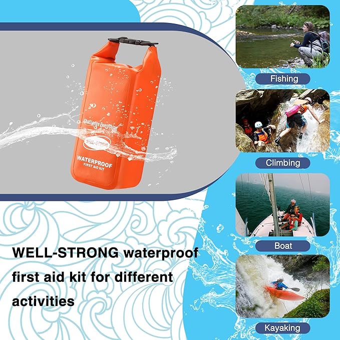 Boat First Aid Kit Waterproof, WELL-STRONG Marine Emergency Kit with Roll Top Dry Bag for Boating Fishing Kayaking – Water-Resistant Contents for Camping & Beach（Orange）