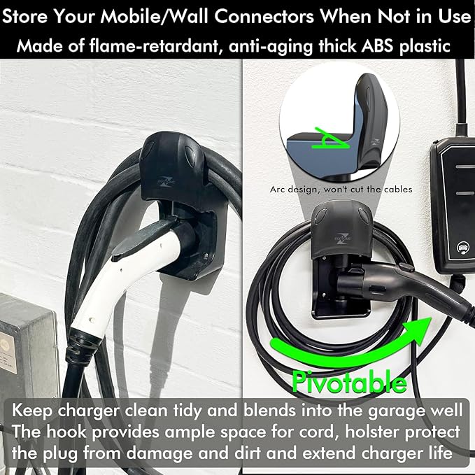 EV Charger Holder, Swivel Electric Car Charger Wall Mount, Garage or Tight Space Use, Not Stick Out, Keep 25ft Cord Off Floor, J1772 Charging Cable Organizer Hanger