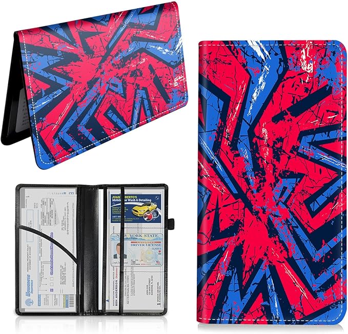 Car Registration and Insurance Card Holder, Vehicle License Documents Glove Box Compartment Organizer Wallet, ID Card Holder for Car Essentials Automobile, Red Blue Abstract