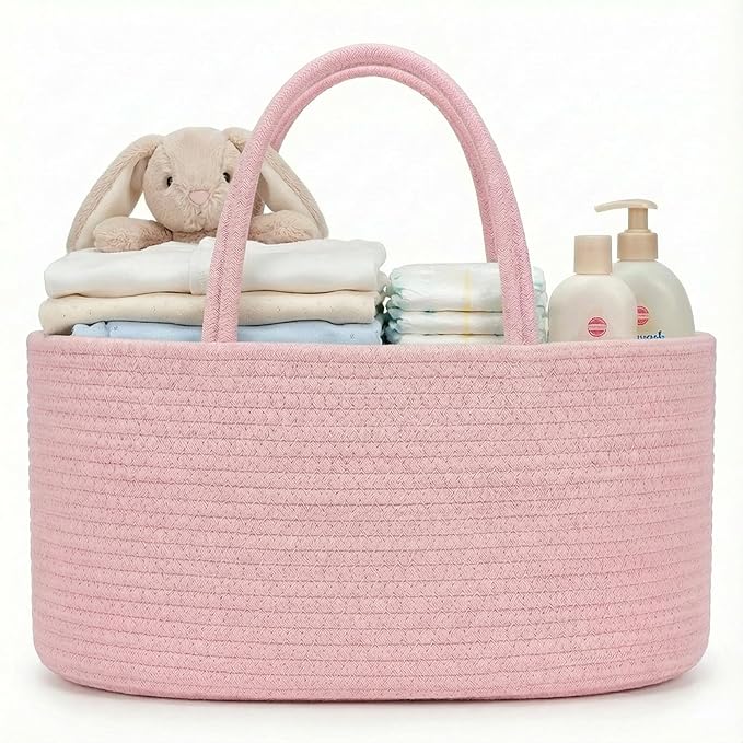 luxury little Diaper Caddy Organizer, Large Cotton Rope Nursery Baby Basket, Changing Table Organizer for Baby Diaper Storage, Portable Car Organizer Removable Divider (Light Pink, Extra Large)