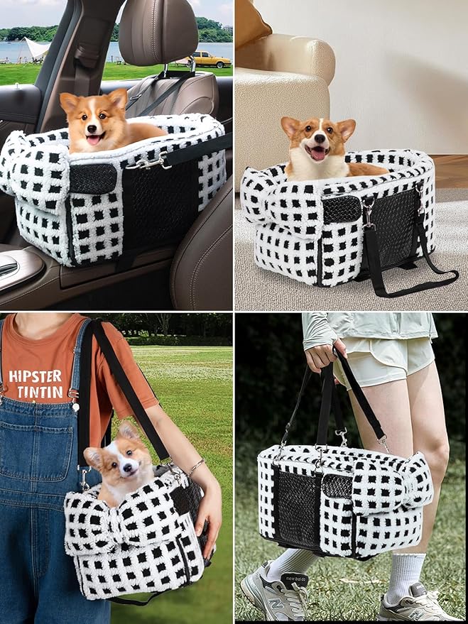 Prpeko Portable Dog & Cat Car Seat - Center Console Booster Seat with Pillow (Grid-White, Under 13 lbs)