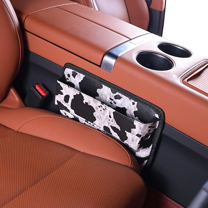 Universal Fit Car Seat Gap Filler Organizer Front Seat Set Divider Crevice Pockets Storage Box Auto Interior,Prevent from Falling Through Gaps,Holds Glasses Phone Key (1, Cow Pattern)