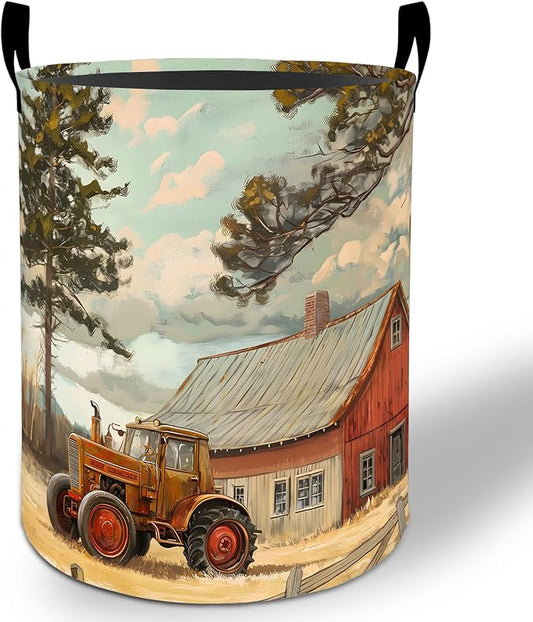 Vintage Tractor Laundry Basket Hamper 19.7"x15.8", Countryside Foldable Waterproof Oxford Clothes Storage Bucket for Room Bathroom Bedroom Nursery Decor, Toy Organizer Bins Gifts for Kids Boys Girls