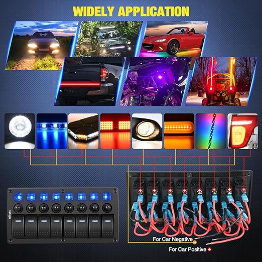 Nilight 8 Gang Rocker Switch Panel Waterproof Pre-Wired Marine with Resettable Circuit Breaker LED Backlight 5A 10A 15A Breakers 12V 24V ON Off 3 PIN Toggle Switches for Car Truck Boat RV