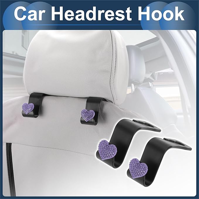 Car Seat Headrest Hook Interior Accessories for Most Car, SUV, Truck Car Seat Back Organizer Hooks Plastic Rhinestone Sturdy Purple 2.4"x1.26"