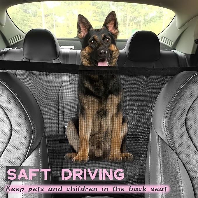 Dog Car Net Barrier, Universal Fit Sturdy Mesh, Convenient for Air Conditioning, Easy to Clean & Install, Travel Dog Fence with Flexible Bungee Cords for Seat Movement 23"×23" (Black)