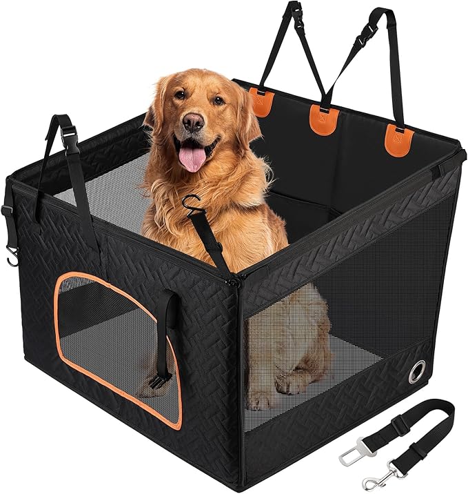 KYG Large Dog Car Seat for Large Medium Size Dogs with Cushion, Waterproof Hard Bottom Car Seat Cover for Dogs with 3 Mesh Windows, Foldable Pet Carseat for Cars/SUVs/Trucks