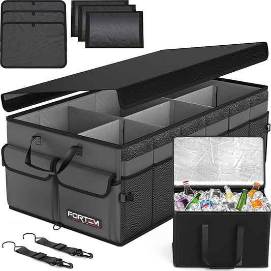 FORTEM Trunk Organizer with Cooler For SUV Car Trunk, Foldable Storage, Car Accessories for Women Men, Collapsible Bag, Perfect Christmas Gifts, 600D Oxford, Non Slip Bottom, Straps, Soft Cover (105L)