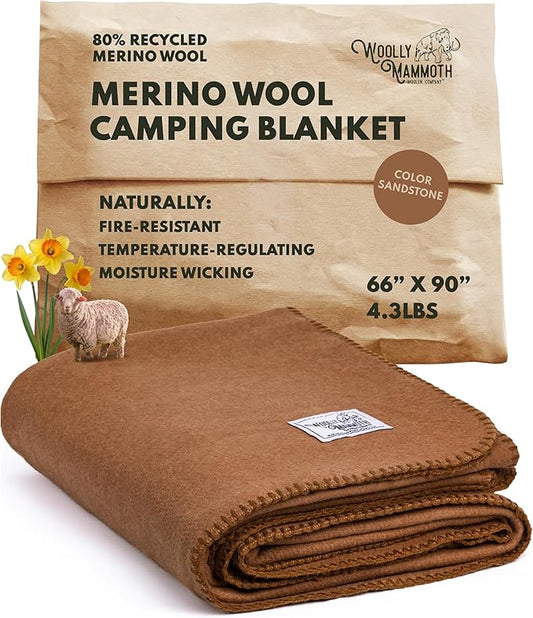 Woolly Mammoth Woolen Company Merino Wool Blanket - 80% Merino Wool - Camping Blankets for Cold Weather - Mositure-Wicking for Overlanding, Hunting, Emergency Kits, Bushcraft (66" x 90" Sandstone)