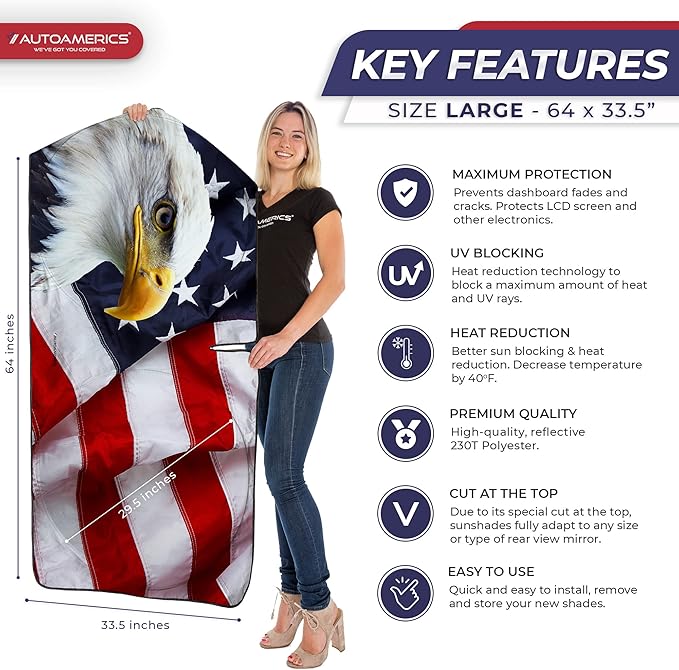 Autoamerics 1-Piece Windshield Sun Shade American Eagle Flag - 3 USA Patriotic Design - Foldable Car Front Window Sunshade for Sedans SUV Truck - Blocks Max UV Rays and Keeps Your Vehicle Cool - Large