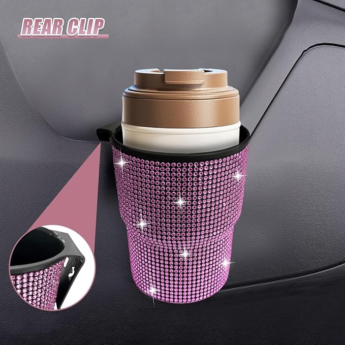 Bling Rhinestones Car Air Vent Trash Can, Hanging Automotive Cup Holder with 2 Hooks, Multi-Function Vehicle Door Organizer Accessories for Key, Pen, Water Bottles, Cellphone(Pink)