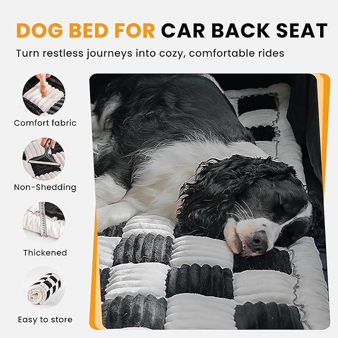 Backseat Dog Bed Mat for Car, Non-Slip Dog Bed for Car Back Seat, Soft & Cozy Dogs Blanket, Washable Travel Pet Mat Seat Protector for Cars, SUVs, Trucks (Black/White, 59"L x 27.5"W x 1.5"Th)
