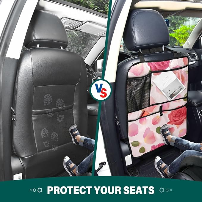 Pink Yellow Rose 2 Pack Backseat Car Organizer with Storage Pockets Seat Back Organizers for Kids Kick Mats Backseat Protector Automotive