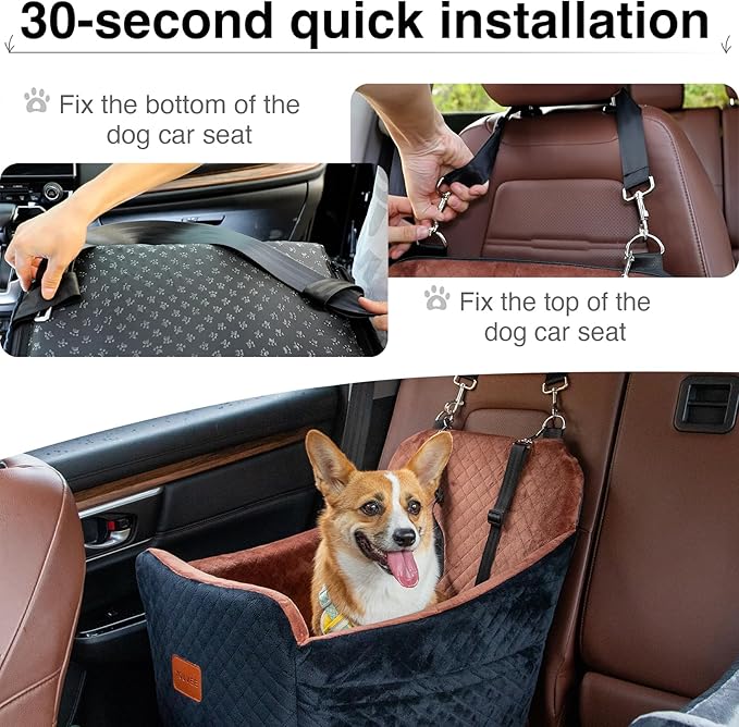 YOUVEE Dog Car Seat for Small/Medium Dog 20lbs 25lbs up to 32 lbs,Fully Detachable and Washable Puppy Booster seat with Storage Pockets,2 Adjustable Safety Belts(Black Outside Brown Inside)
